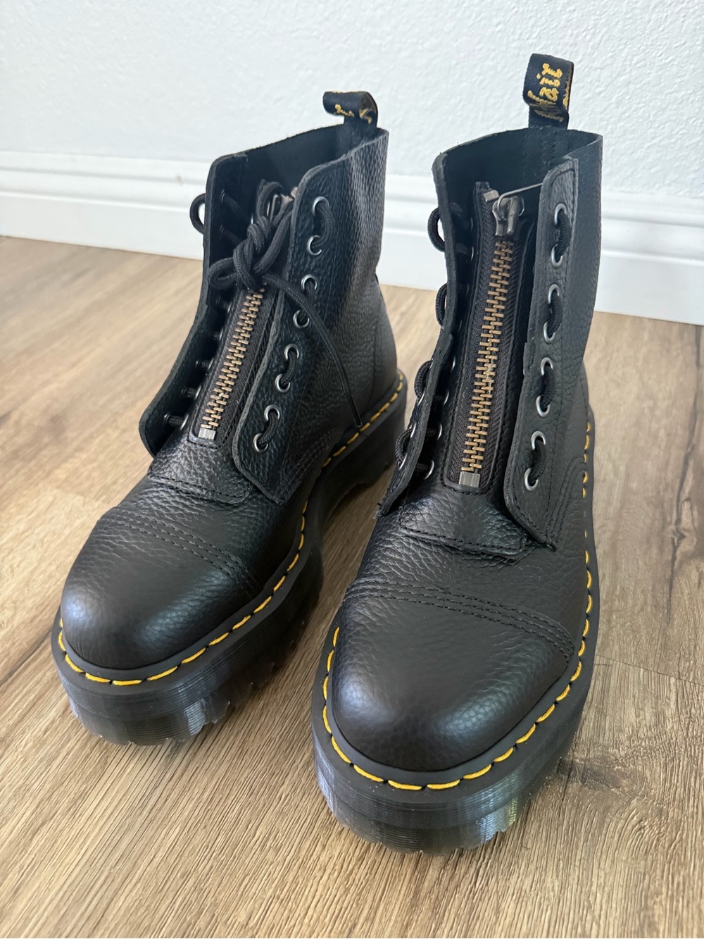 Dr. Martens Black Leather Platform Zip Lace-Up Boots with Yellow Stitching